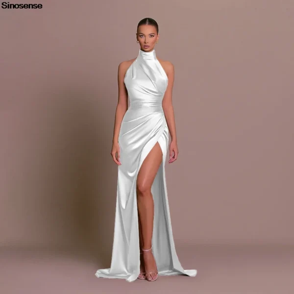 Womens Elegant Long Formal Evening Cocktail Party Dress Sexy High Split Ruched Bodycon Wedding Guest Bridemaid Maxi Dress - Imagen 3