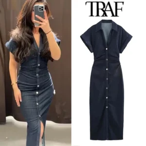 TRAF Pleated Single Breasted Denim Dress Women Fashion Short Sleeve Elegant Dresses 2025 Lady Chic Commute Casual Midi Dress ﻿