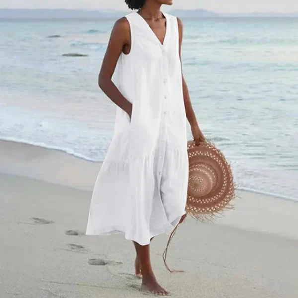 Summer Loose Casual Patchwork Cotton Linen Pocktes Dress V Neck Beach Style Dress Sleeveless Vintage Club Midi Solid Women Dress - Image 6