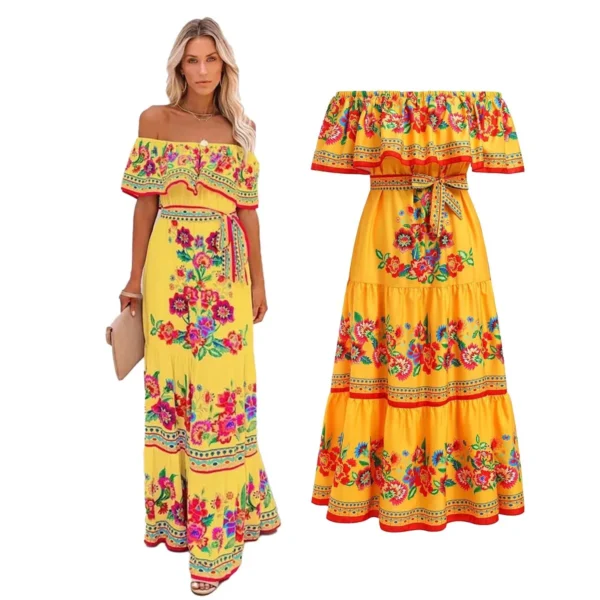 Mexican Traditional Ethnic Mexican Cinco De Mayo Summer Floral Print Off Shoulder Women Mexican Dress - Imagen 3