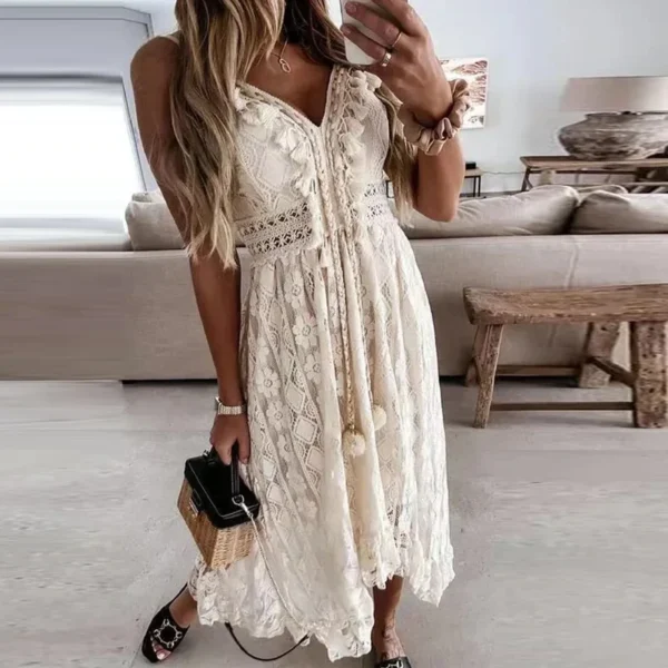Women's V-neck Slim Shoulder Strap Sun Skirt Hook Flower Hollow Out Elegant Women's Vacation Bohemian Style Lace Dress 22194
