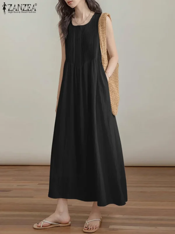 ZANZEA 2024 Summer Holiday Long Dress Solid Sleeveless Pleated Vestidos Korean Fashion Loose Sundress Casual Beach Tank Dresses - Imagen 3