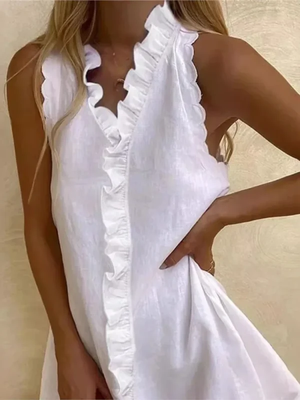 New Women Casual Cotton And Linen White Dress Summer V Neck Ruffles Sleeveless Elegant Boho Beach Party Mini Dresses Female Robe - Imagen 4