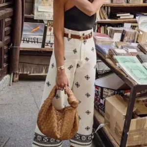 TRZA-Women's Contrast Embroidery Linen Straight Pants, High Waist, Zipper Fly, Female Ankle Trousers, Chic Fashion