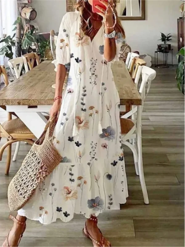 2024 Women Vintage Print Bohemian Dress Summer Fashion V Neck Half Sleeves Long Dresses Female Casual Holiday Beach Dresses - Imagen 2