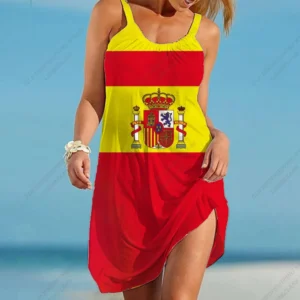 Spain Flag Dress Sleeveless Casual Summer Strap Beach Dress Bohemian Party Evening Dresses Midi Elegant Espain Sundress Girl Hem