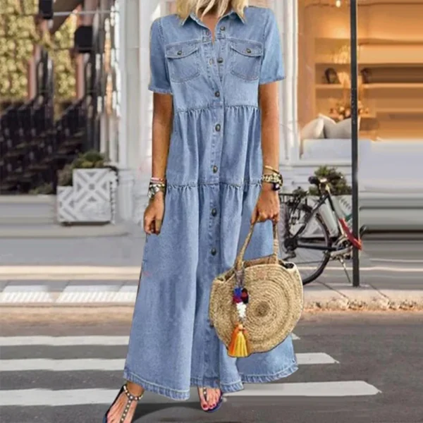Retro Women Dresses 2022 Short Sleeve Turn Down Collar Pockets Button Long Loose Denim Dress Summer Long Dress - Imagen 3