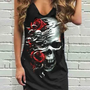 Skull Scarf Sunglasses Print Women Sleeveless Summer Vest dress Solid Color Dress Streetwear O-Neck Casual
