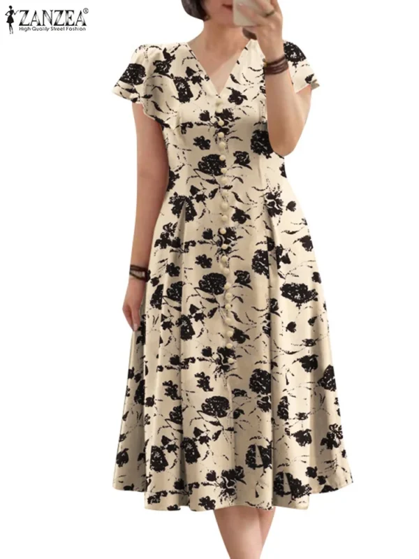 ZANZEA Woman Summer Midi Dress Fashion Floral Print Ruffle Cap Sleeves V-neck A-line Vestidos Casual Fitted-waist Party Sundress - Imagen 4