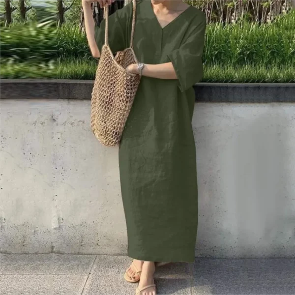 Cotton And Linen Dress For Women 2024 Summer Short Sleeve V-neck Solid Color Casual Loose Long Dress Elegant Women's Clothing - Imagen 2