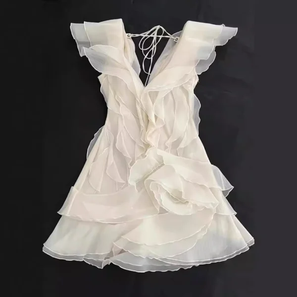 VGH Sexy Short Dress For Women Slash Neck Off The Shoulder Sleeve Backless High Waist Spliced Ruffles Dresses Female Fashion New - Imagen 5