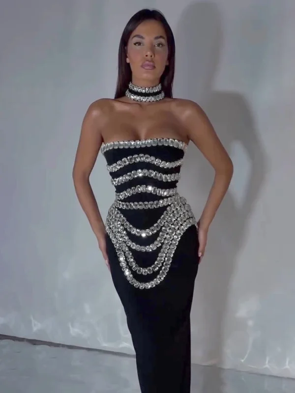 VC Black Strapless Long Dress Diamonds Embellished Bodycon Bandage Prom Celebrity Party Evening Gowns Dropshipping - Imagen 6
