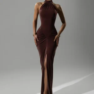 Mozision Halter Ruched Sleeveless Sexy Maxi Dress Women Gown Fashion Slim High Waist Evening Club Party Split Long Dress