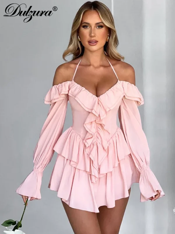 Dulzura Solid Pure Color Halter Ruffle Flare Sleeves Mini Dress 2024 Summer For Women Sexy Elegant Birthday Party Clubwear - Imagen 3