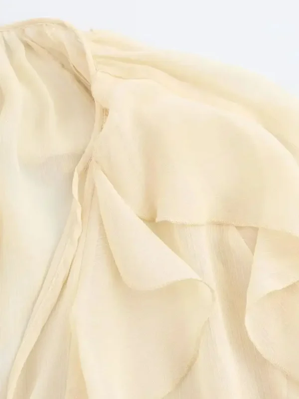 2025 Summer Sexy Women's Translucent Ruffles Blouses Fashion V-neck Single Breasted Tierred Causal Tops Beach Style Solid Shirts - Imagen 5
