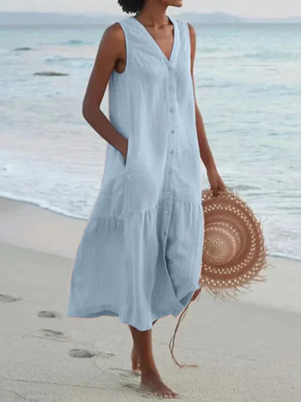 Summer Loose Casual Patchwork Cotton Linen Pocktes Dress V Neck Beach Style Dress Sleeveless Vintage Club Midi Solid Women Dress - Image 5