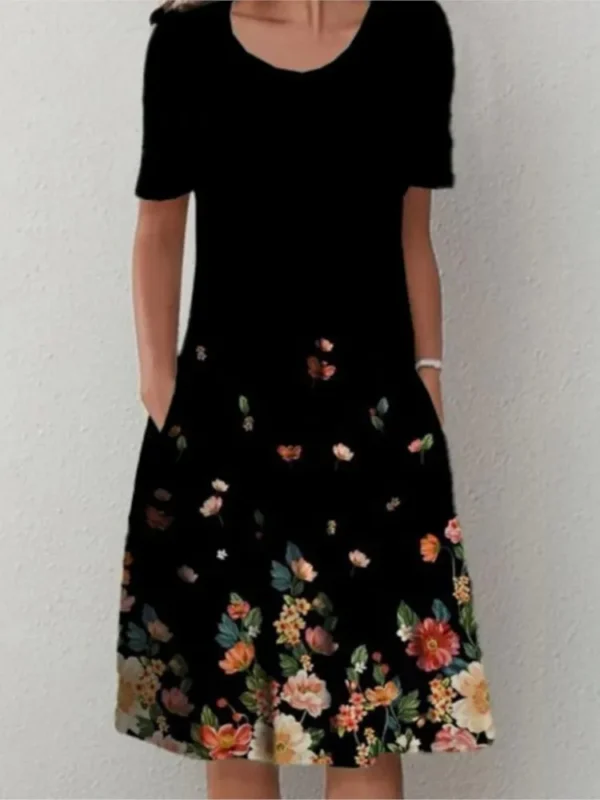 Summer Fashion Boho Floral Print Pocket Midi Dress For Women O Neck Short Sleeve Casual Loose Dress Female Women's Clothing - Imagen 2