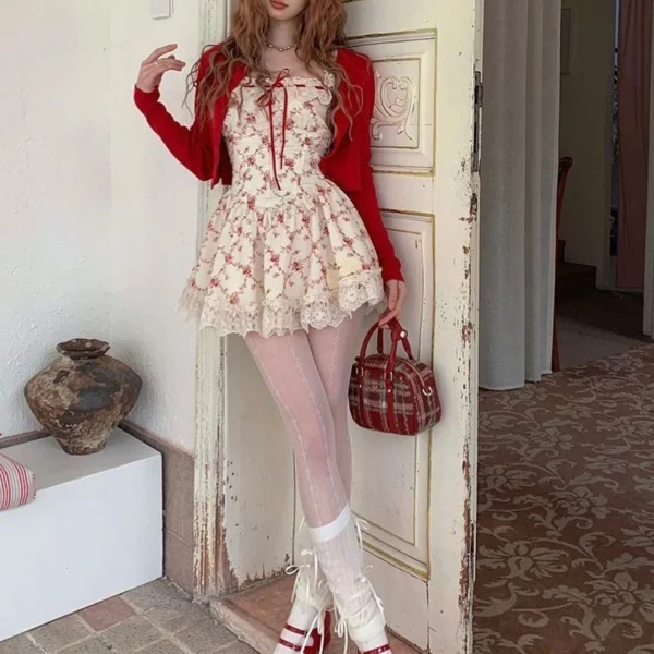 Y2K Sweet Floral Dress Set Woman Casual Red Short Cardigan Elegant Lace Mini Dress Female Korean Prairie Chic Clothing Suit - Imagen 4