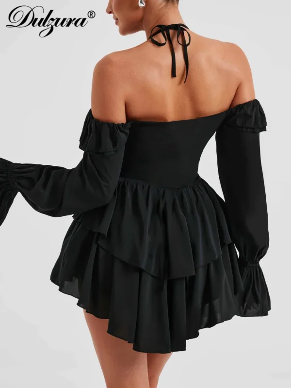 Dulzura Solid Pure Color Halter Ruffle Flare Sleeves Mini Dress 2024 Summer For Women Sexy Elegant Birthday Party Clubwear - Imagen 5
