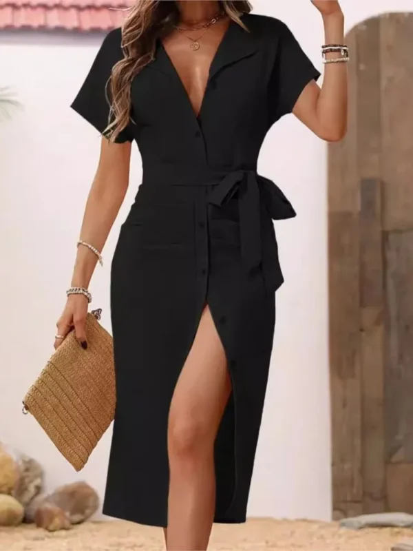 Women's Casual V Neck Short Sleeved Single-breasted Lace-up MIDI Dress Summer Solid Color Stylish Elegant Female Shirt Dresses - Imagen 3
