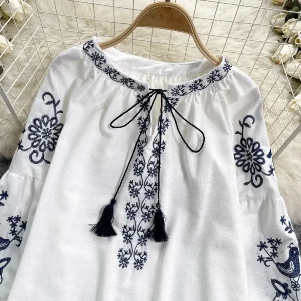 Neploe Vintage Heavy Embroidery Shirts Women Y2k Lace Up O-neck Tassel Blusas Mujer 2025 Spring New Long Sleeve Loose Blouses - Imagen 6