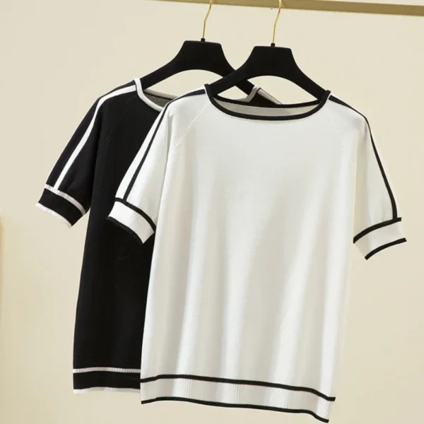 Summer Short Sleeve Women Blouse Knitted T-shirt Fashion Casual Shirt Elegant O Neck Tops - Imagen 6