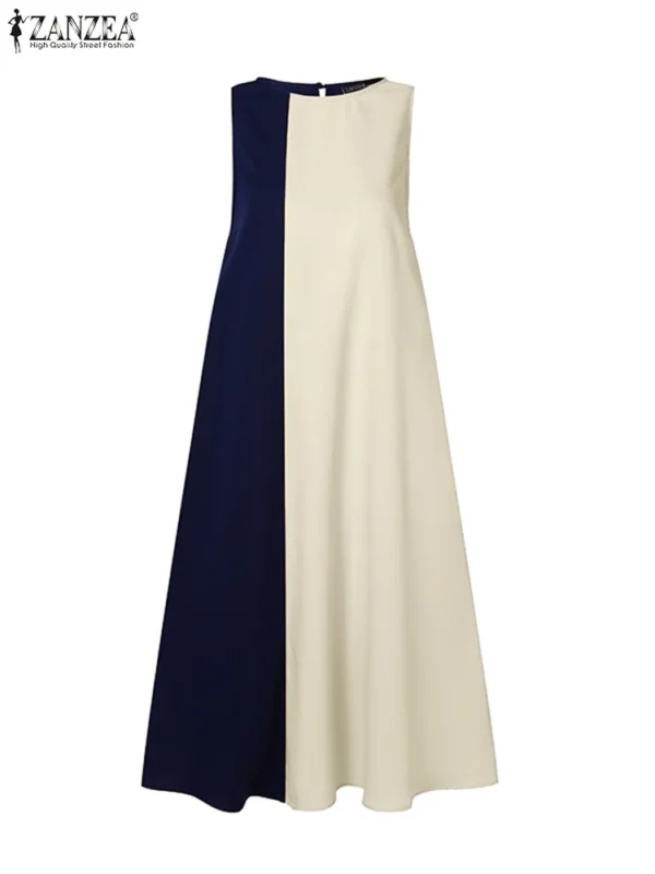 ZANZEA Fashion Women Sleeveless Long Sundress 2024 Summer Tank Shirt Dress Holiday Colorblock Robes Casual Round Neck Vestidos - Imagen 4