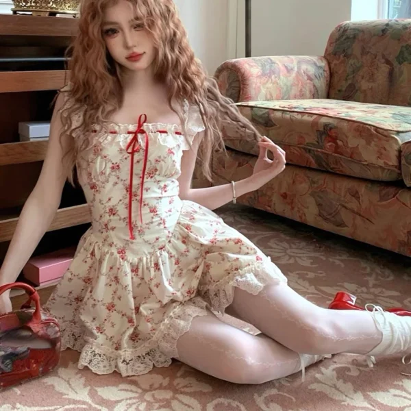 Y2K Sweet Floral Dress Set Woman Casual Red Short Cardigan Elegant Lace Mini Dress Female Korean Prairie Chic Clothing Suit - Imagen 2