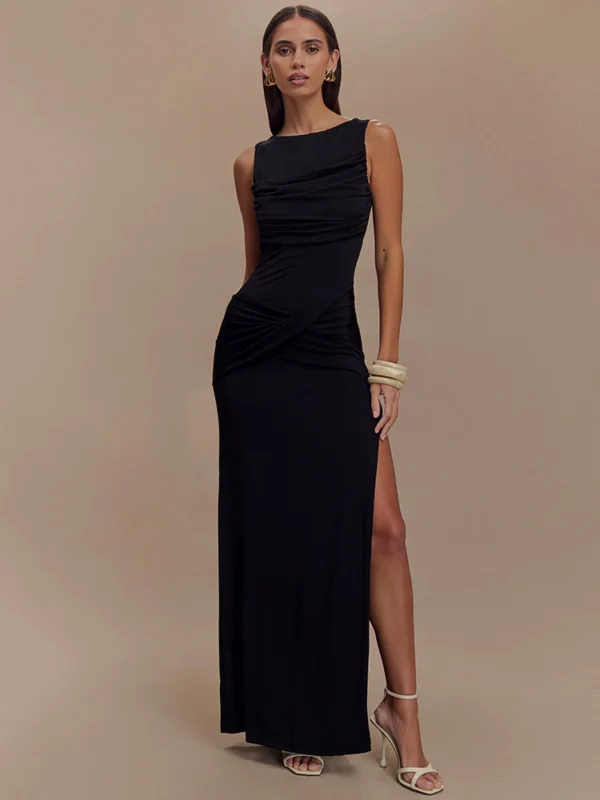 Mozision Backless Ruched Sexy Maxi Tank Dress Women Gown Summer New O Neck Thigh High Split Bodycon Elegant Long Dress Fashion - Imagen 4