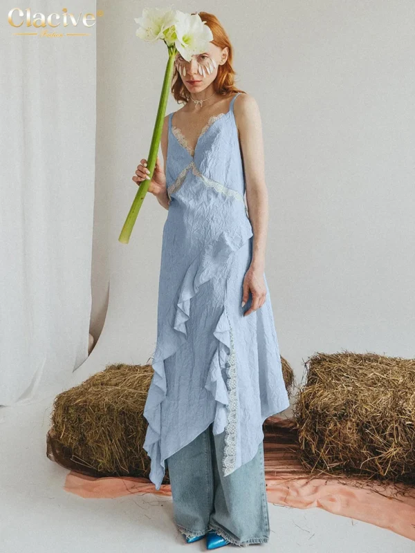 Clacive Summer Loose Blue Women Dress 2025 Fashion Strap Sleeveless Midi Dresses Elegant Classic Ruffle Female Dress Streetwear