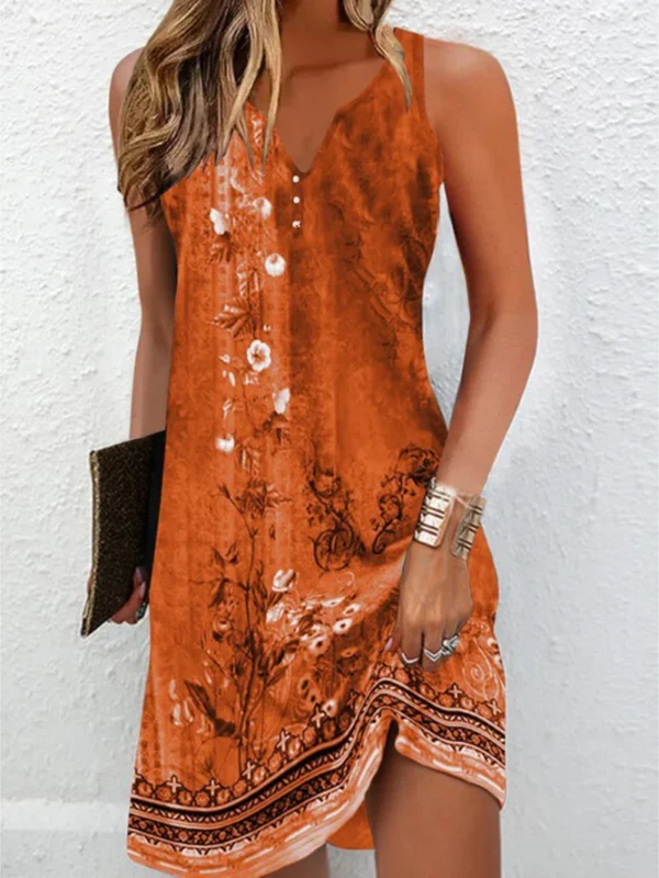 Women's Dresses 2023 Summer Vintage Flower Print Stitching V Neck Mini Dress Bohomian Sleeveless Button Plus Size Vestidos - Imagen 3