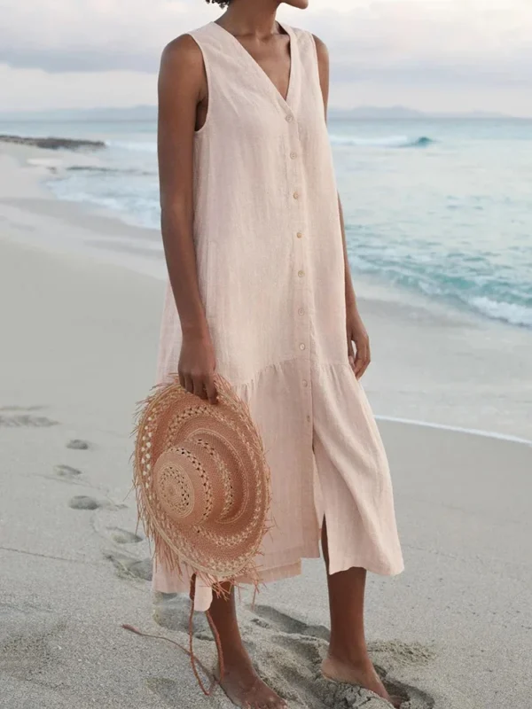 Summer Loose Casual Patchwork Cotton Linen Pocktes Dress V Neck Beach Style Dress Sleeveless Vintage Club Midi Solid Women Dress - Image 4