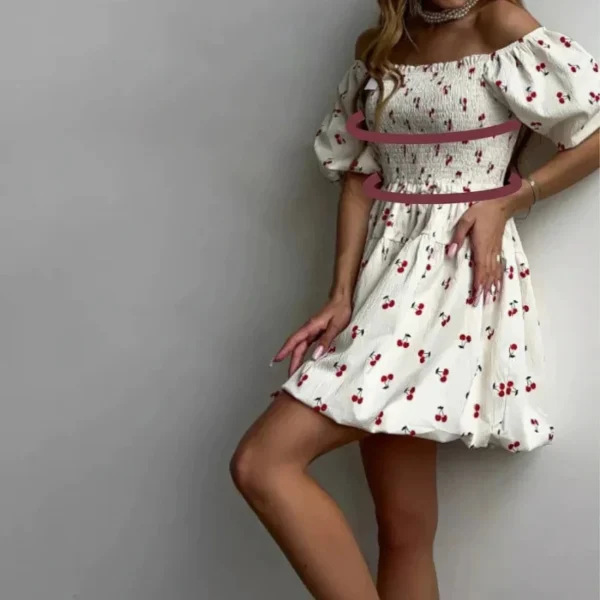 Traf 2025 Spring/Summer White Cherry Printed Bubble Short Sleeve Dress, Sexy Off Shoulder Knee, Daily Casual Versatile Dress - Imagen 6