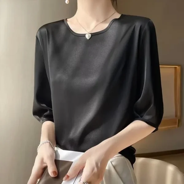 Summer satin Women Blouse Silky Loose Woman Shirt lady's half Sleeve tops Casual solid t-shirt O-Neck pullover women's clothing - Imagen 6