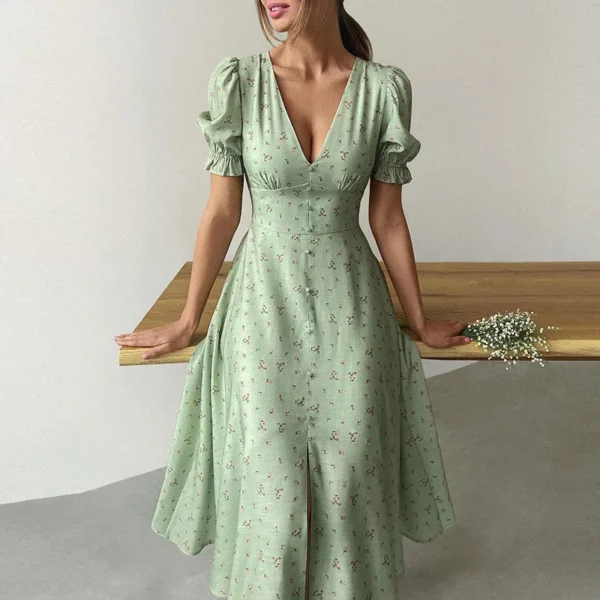 Summer Elegant Dresses Long V-neck Lantern Sleeves Double Buttons Sexy Dress Short Sleeves Party Robe Female Clothes vestidos - Imagen 2