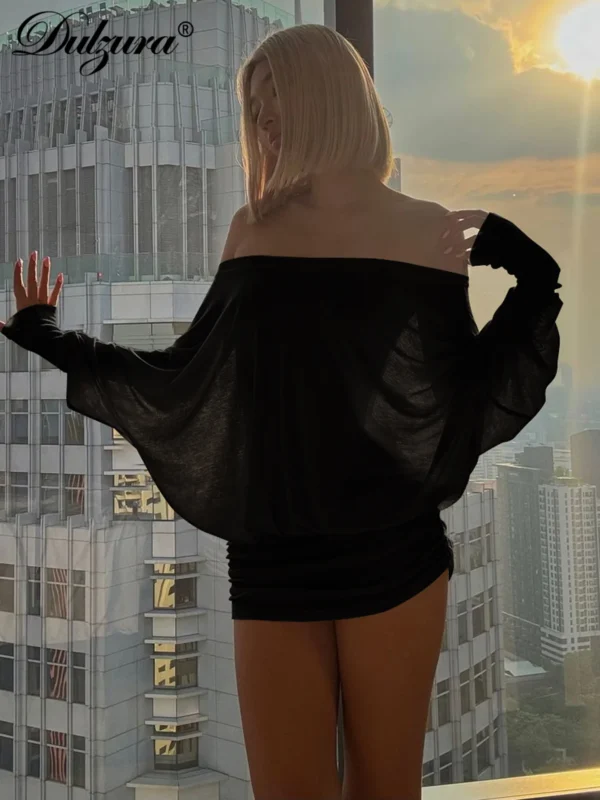 Dulzura Off Shoulder Long Sleeves Ruched Patchwork Mini Dress Women’S Sexy Elegant Casual Outfit Party Clubwear Spring Summer - Imagen 4