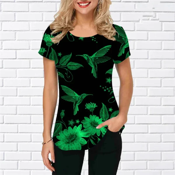 Women birdie Print Shirts Summer Short Sleeve Street 3D Style Ladies Blouses Loose Casual Round-Neck Oversized Pullovers Tops - Imagen 3
