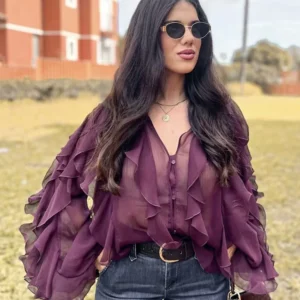 Ruffles Women Elegant Blouses 2025 Fashion Ladies Sweet Hazy Mesh Shirts for Festival Female Vintage Tops Girls Chic Clothes
