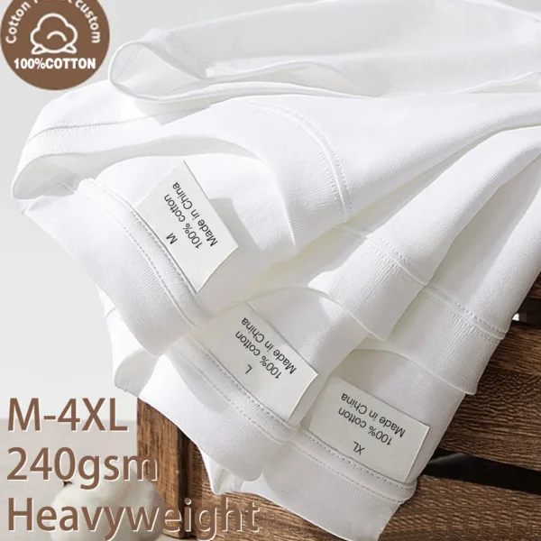 240gsm Heavy Oversized Plain T-Shirt for Men Summer HighQualtity Short Sleeve Tee 100%cotton Solid Color Trendy Casual white Top