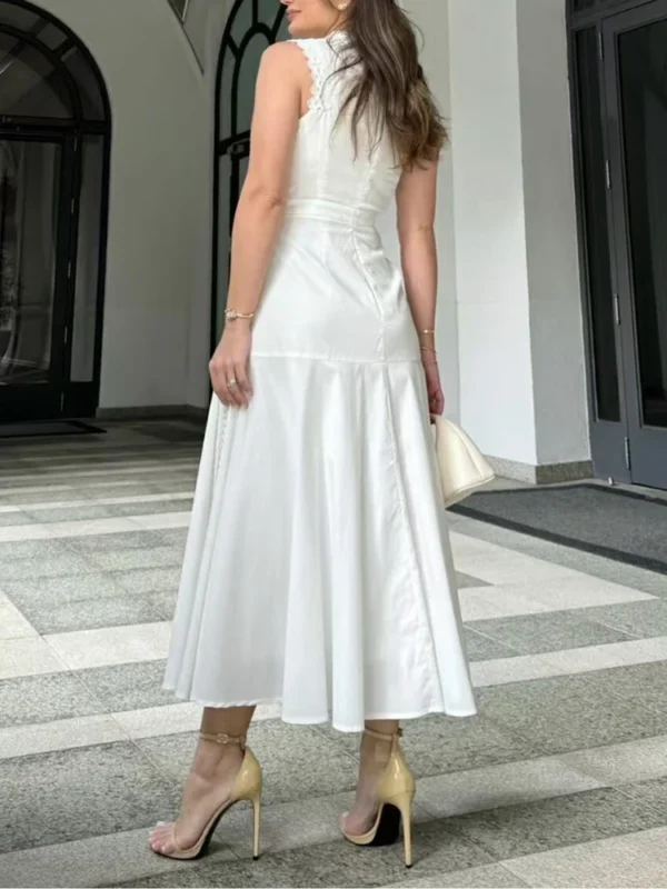 VGH Solid Embroidery Elegant Long Dresses For Women Stand Collar Sleeveless High Waist Hollow Out A Line Dress Female New 2024 - Imagen 6
