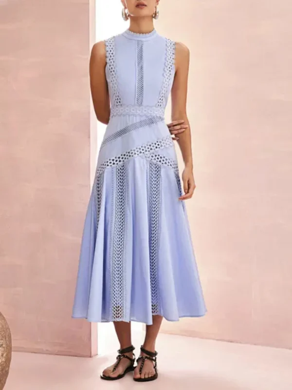 VGH Solid Embroidery Elegant Long Dresses For Women Stand Collar Sleeveless High Waist Hollow Out A Line Dress Female New 2024 - Imagen 3