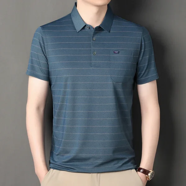 Men's Summer Short-sleeved Polo Shirt Middle-aged Men's Casual Fashion Collar Horizontal Stripe Sleeved Top Trendy Short T-shirt - Imagen 4