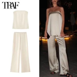 TRAF 2025 Women's Pants Sets Summer Satin High Waist Pants for Women Holiday Casual Pants Woman Straight Leg Trousers Woman