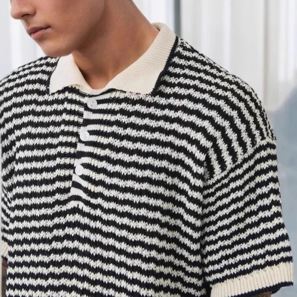 Stylish Contrast Color Striped Knit Polo Shirt Men Summer Casual Knitted Short Sleeve Jumper Top Mens Vintage Button Lapel Polos - Imagen 4