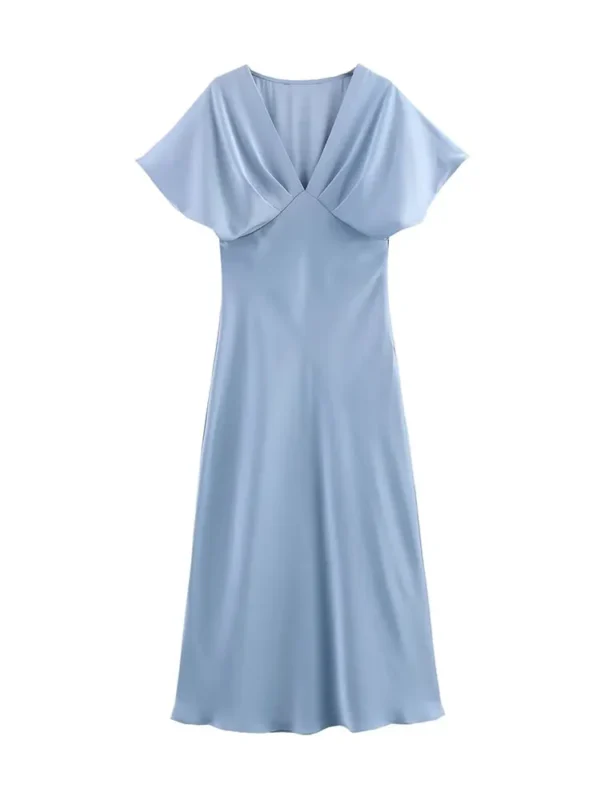 TRAFZA Women Elegant Solid Satin Dress Sexy V Neck Short Sleeve Midi Dress 2025 New Fashion Summer Lady Holidays Party Dress - Imagen 6