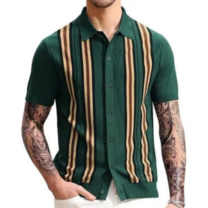Men Knitwear Short Sleeve Polo Shirt Casual Slim Fit Suit Collar Button Polo Shirt Breathable Summer Top Stripe Green Contrast