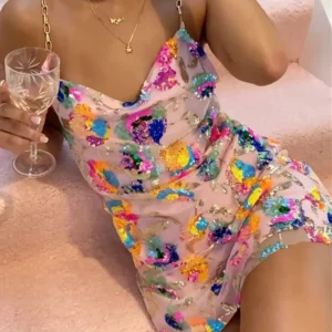 Sequin Sexy Elegant Dress Women Chain Spaghetti Strap Low Cut Backless Short Dress Summer Bohemian Party Dresses Female