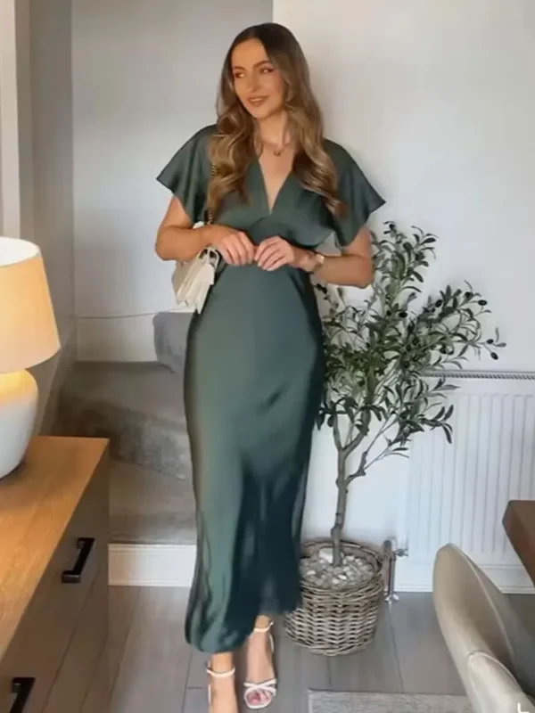 TRAFZA Women Elegant Solid Satin Dress Sexy V Neck Short Sleeve Midi Dress 2025 New Fashion Summer Lady Holidays Party Dress - Imagen 2