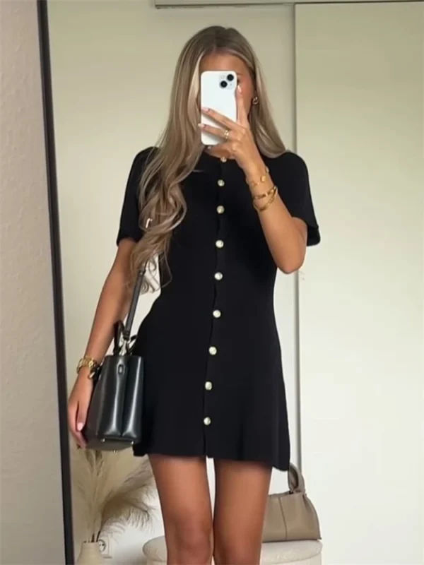 Trendix Elegant Knit Mini Dress Women Street Slim High Waist Short Sleeve Rib Sweater Dresses Vacation Bodycon Knitwear Dress - Imagen 3