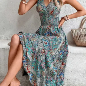 Fashion Sleeveless Maxi Boho Dress Women 2024 Summer Print Elastic Waist Bohemian Elegant Tank Long Dresses For Women Robe Femme